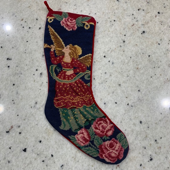 American Vintage Other - Vintage Needlepoint Christmas Stocking Angel with Trumpet Roses Red Velvet Back